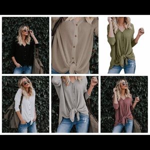 Black Waffle Button Up Shirt with Front Tie-NWOT